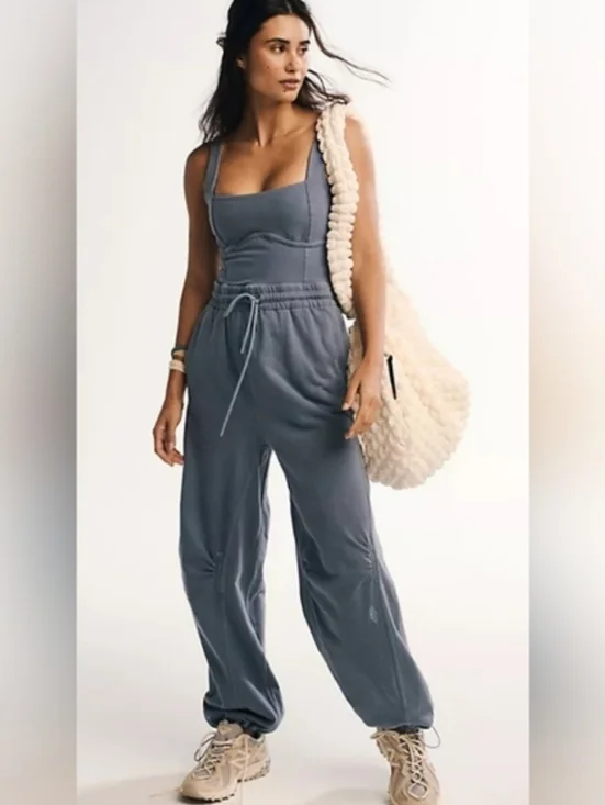 FREE PEOPLE MOVEMENT onesie Slate Blue Jumpsuit with Drawstring Boho Yoga - Picture 1 of 16